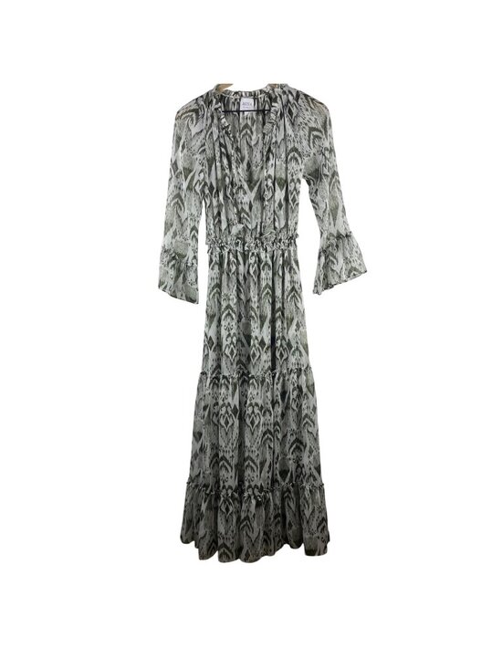 Misa Los Angeles Dresses & Skirts - MISA Los Angeles Hadeya Green White Ikat Print Tiered Midi Dress Ruffles Small